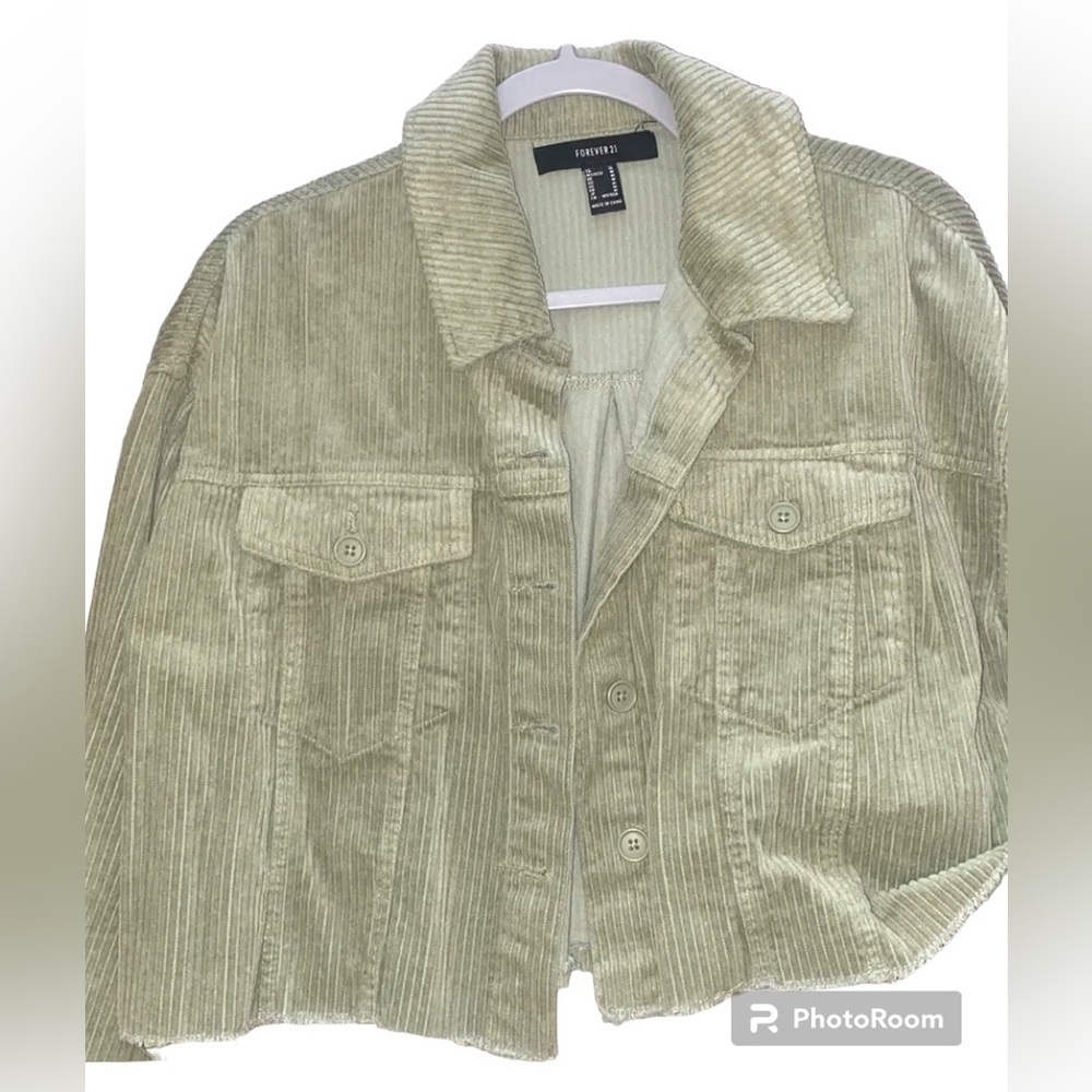 Forever 21 Corduroy Frayed Button Front Crop Jacket Shirt Olive Pistachio Green‌